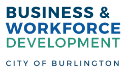 Text logo reading "Business & Workforce Development, City of Burlington" with "Business & Workforce" in blue, "Development" in green, and "City of Burlington" in blue below, highlighting Construction 101