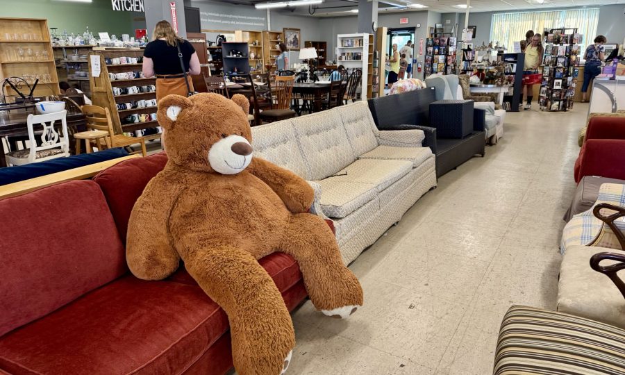 A large brown teddy bear sits on a red sofa in a ReSOURCE thrift store filled with couches, shelves, and people shopping for unique items to reuse in their homes.